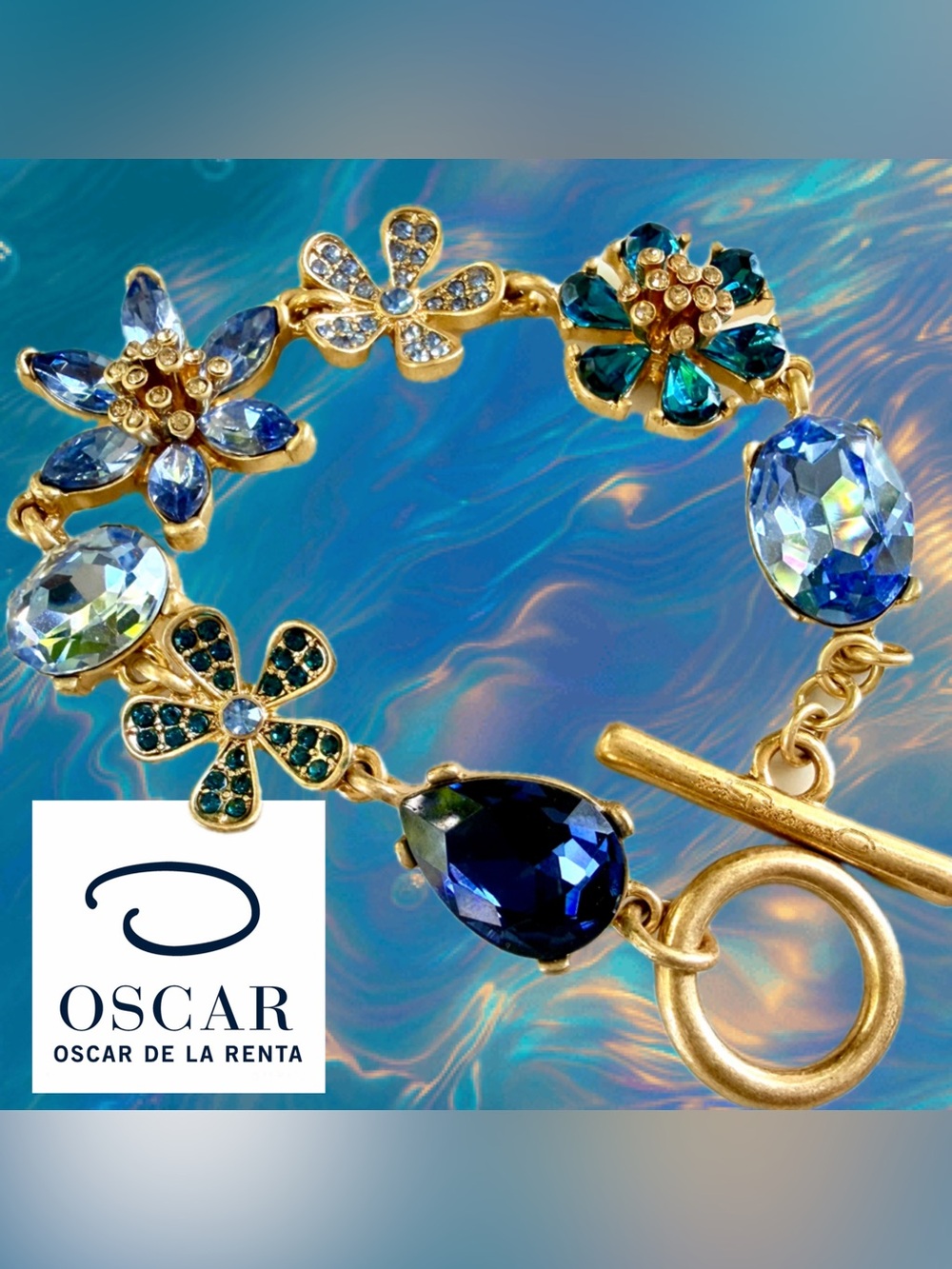 Oscar de la Renta Gold-Tone Bracelet with Blue and Teal Floral Crystals - Picture 4 of 9